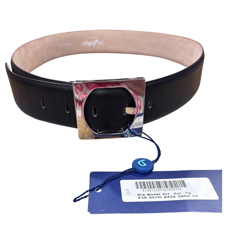 Byblos‎ Black Leather Belt Made in Italy Silver Square Buckle Size 46 NWT